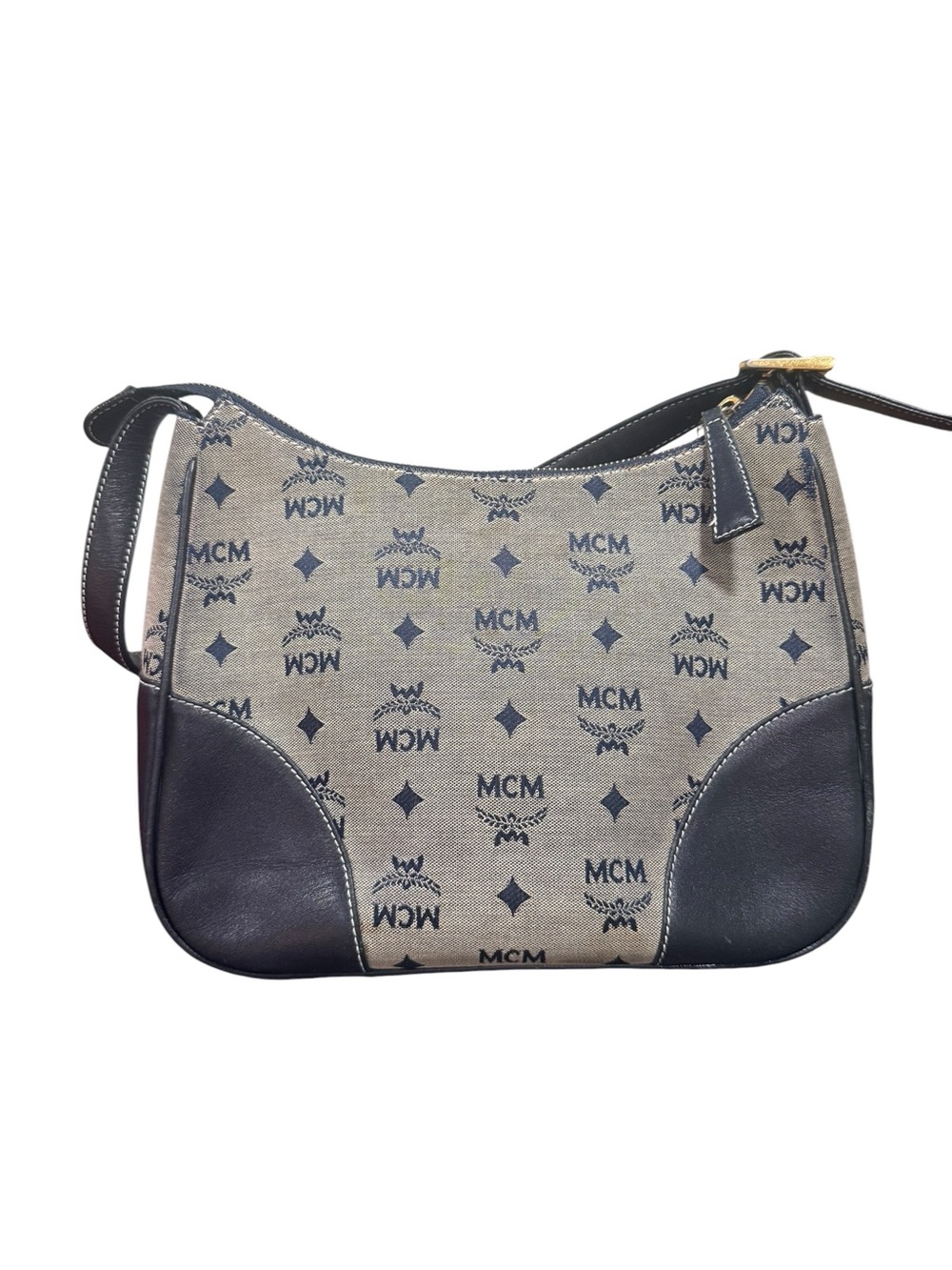 Vintage MCM Visetos Jacquard Canvas Baguette Shoulder Bag Navy - Picture 7 of 15